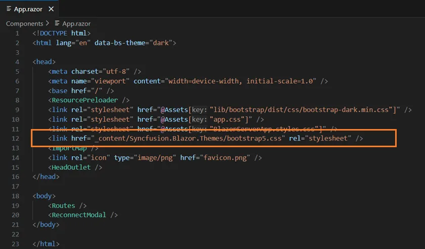 Example showing where the theme link is added in the project