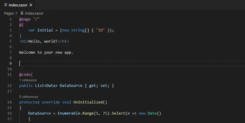 Animated demo showing insertion of a Syncfusion Blazor code snippet