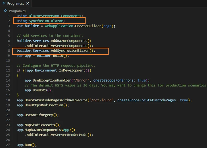 Registration of the Syncfusion Blazor service