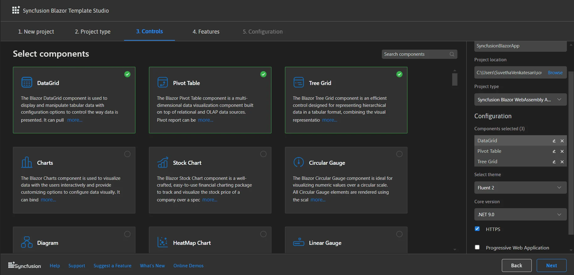 Controls tab listing Syncfusion Blazor components