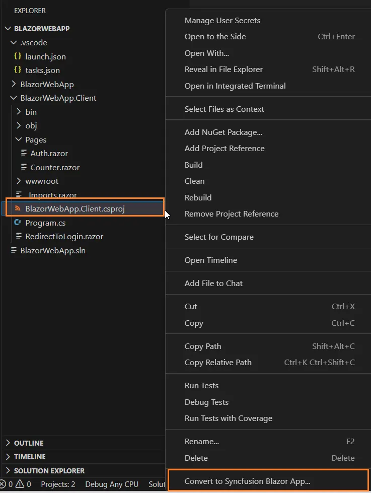 Context menu showing Convert to Syncfusion Blazor Application option