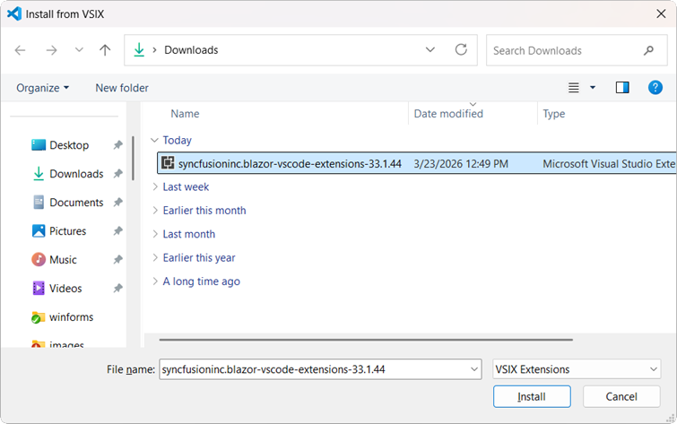 File selection dialog for SyncfusionInc.Blazor-VSCode-Extensions.vsix