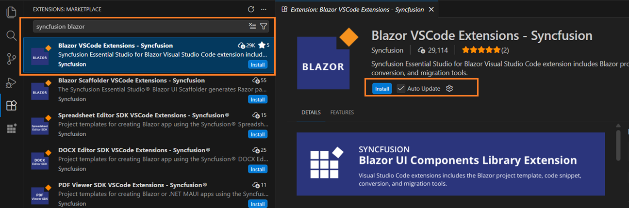 Extensions view showing Syncfusion Blazor extension search results