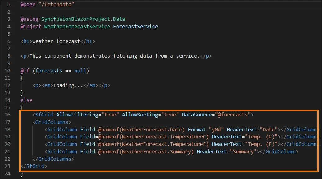 FetchData page updated with Syncfusion DataGrid
