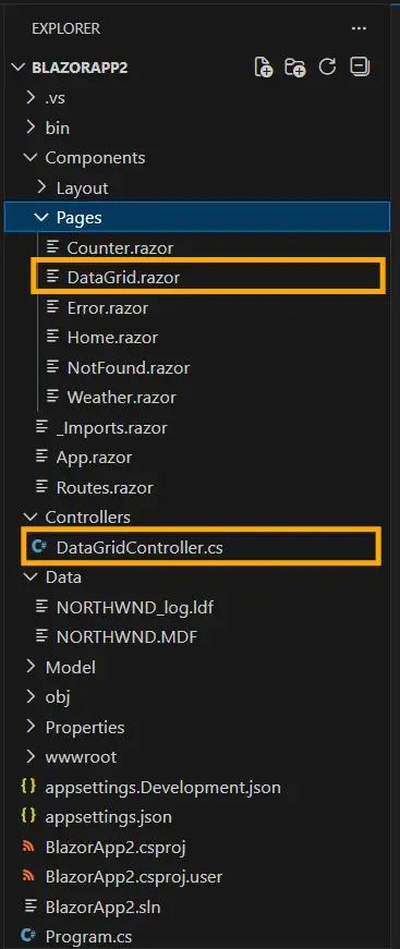 Required Controller and Razor files added in the project for the selected control