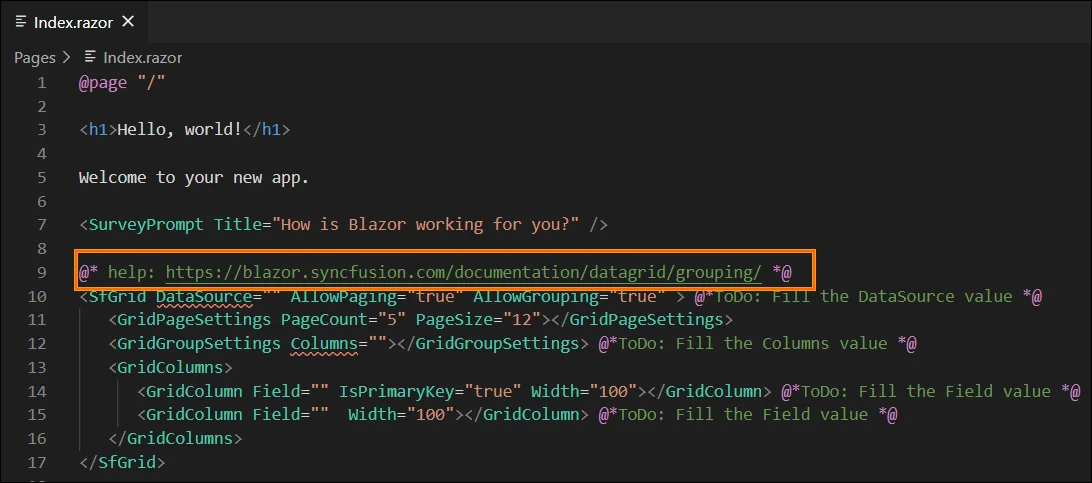 Help link shown at the top of the inserted snippet
