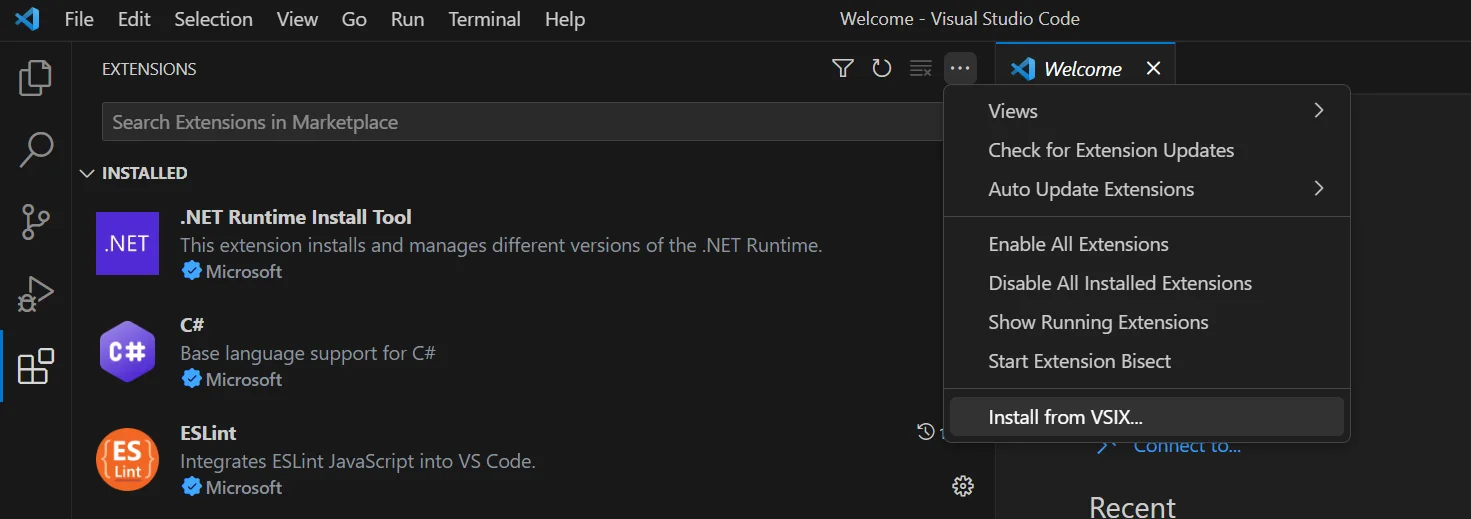 Extensions view More Actions menu with Install from VSIX option