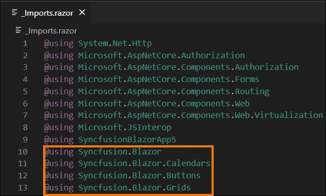 Imports file showing Syncfusion namespaces