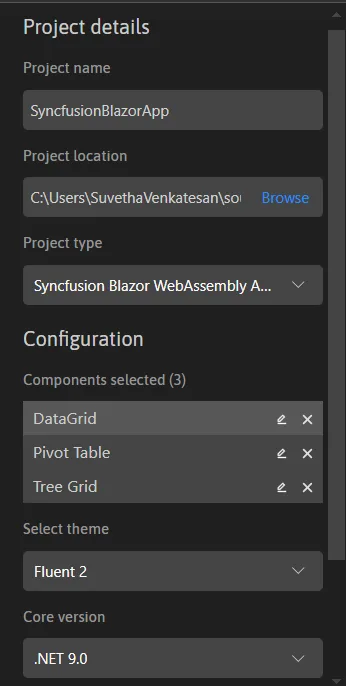 Project Details panel showing selected controls and configuration summary
