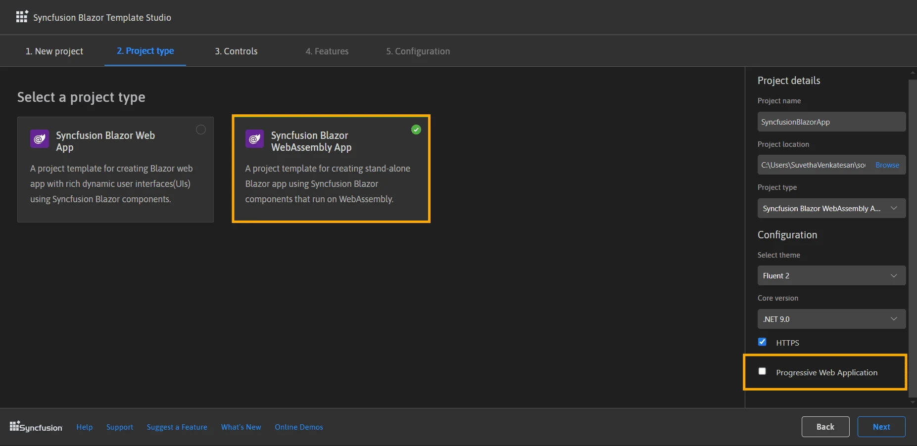 Project type selection showing Blazor WebAssembly and PWA option