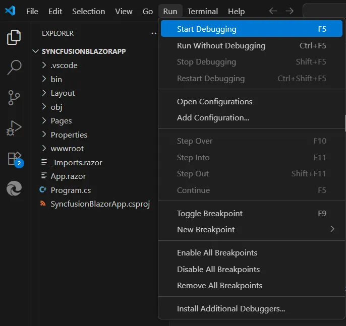 Running the generated Syncfusion Blazor project in Visual Studio Code