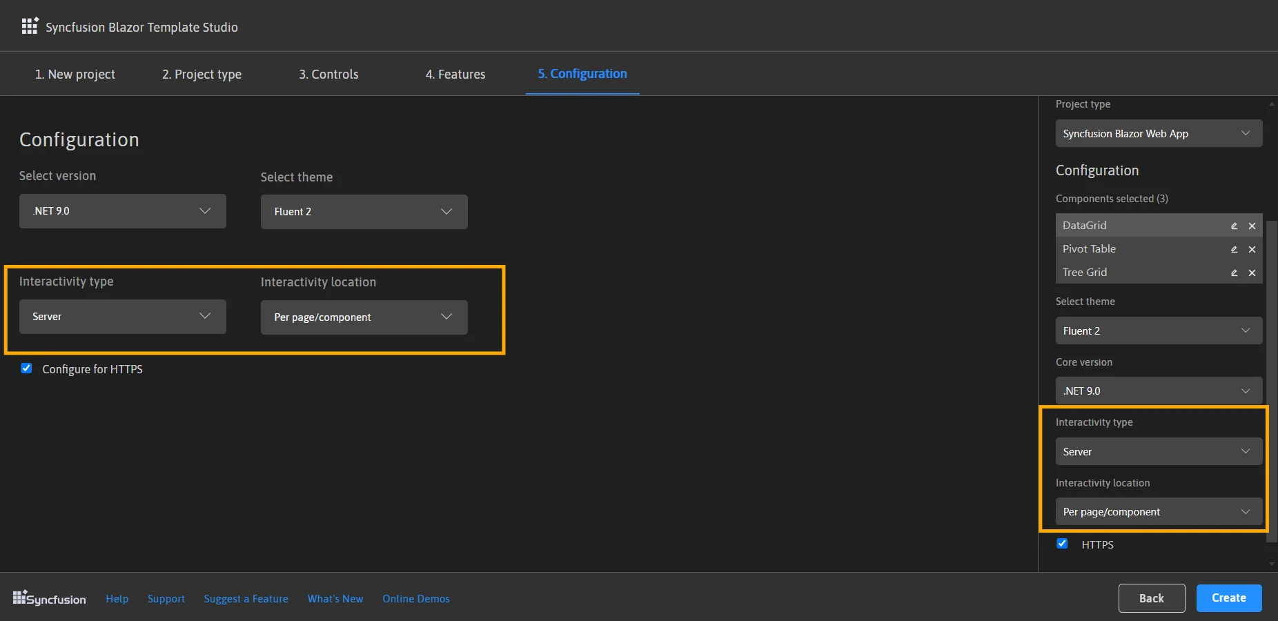 Configuration panel showing interactivity options for Blazor Web App