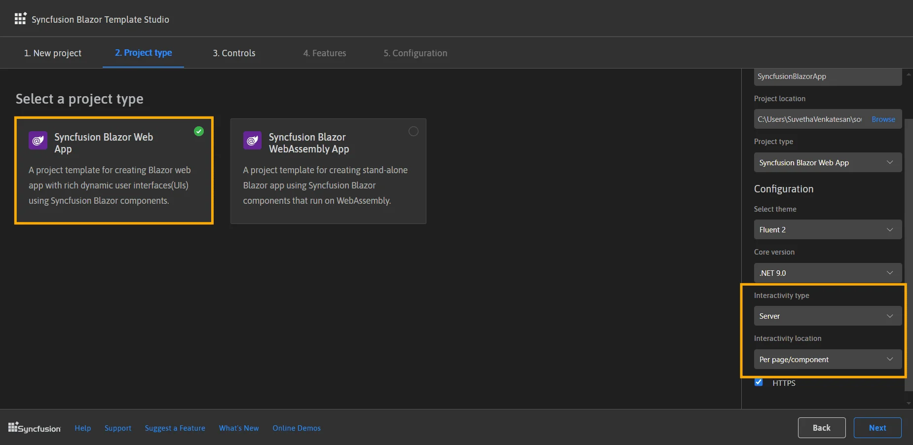Project type selection showing Blazor Web App options