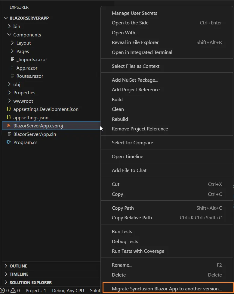 Context menu showing Migrate Syncfusion Blazor Application option