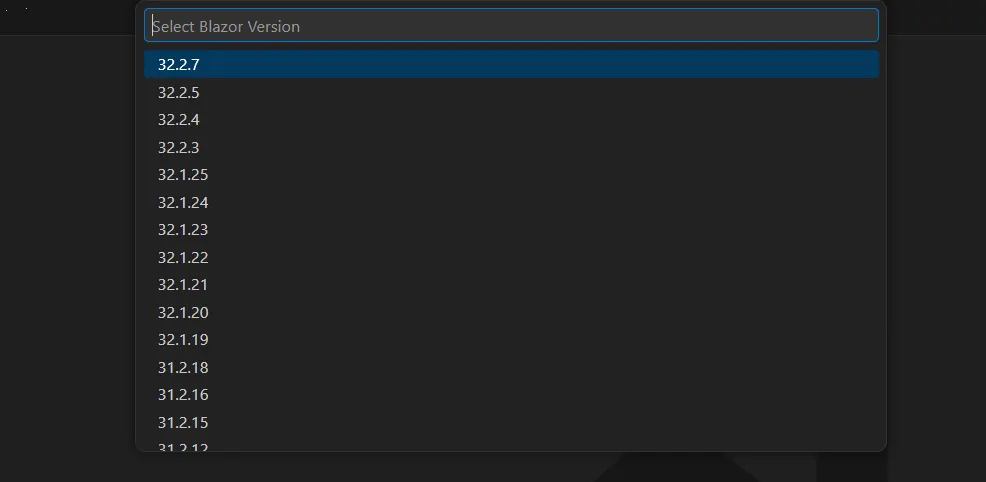 Command Palette showing Blazor version selection