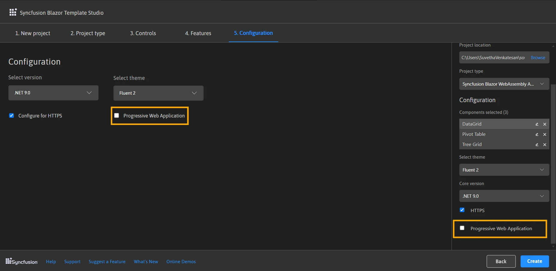 Configuration panel showing PWA option for Blazor WebAssembly