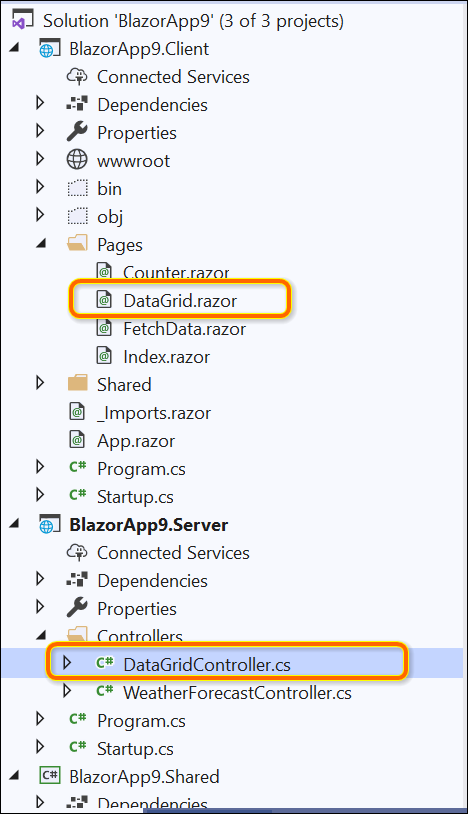 Required Controller and Razor files added in the project for the selected control