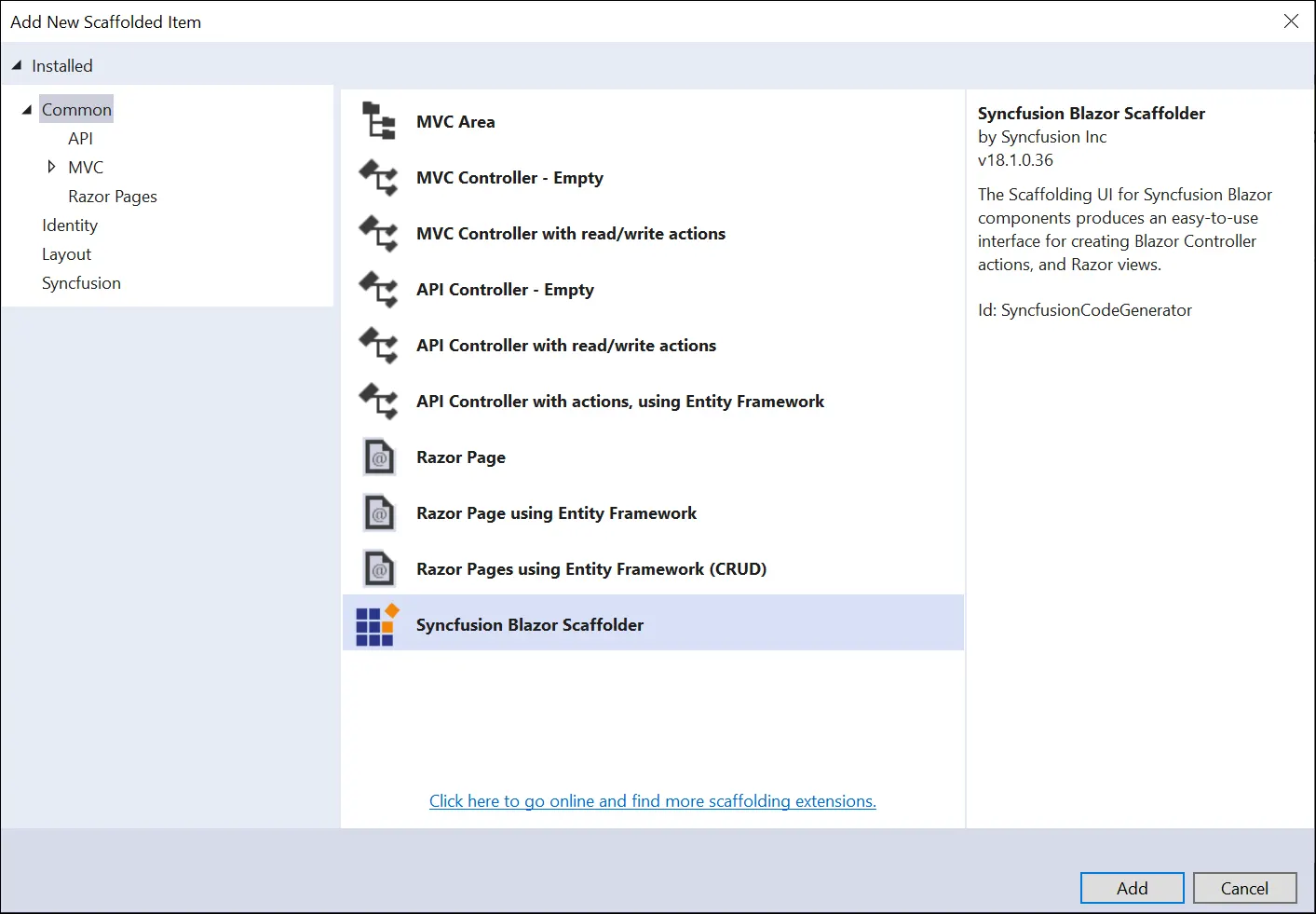Choose Syncfusion Scaffolding from Visual Studio Add scaffold dialog