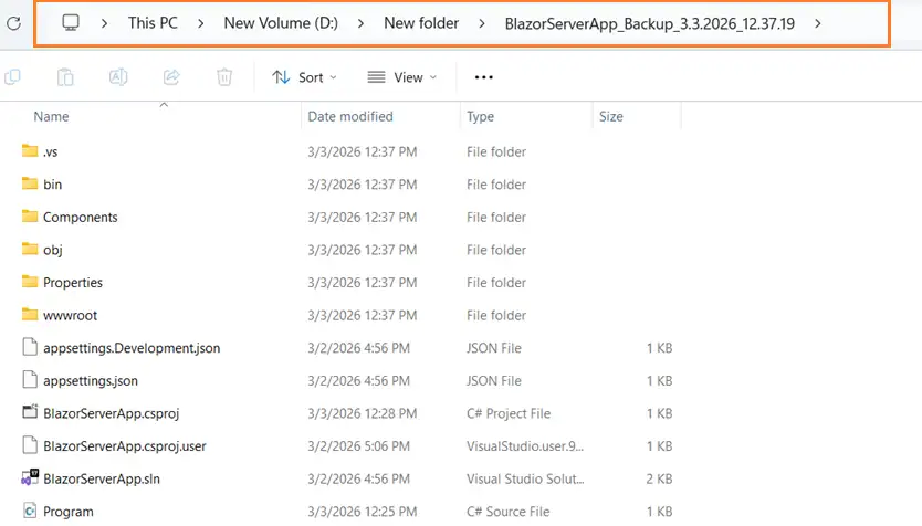 Backup location for the original project created during conversion