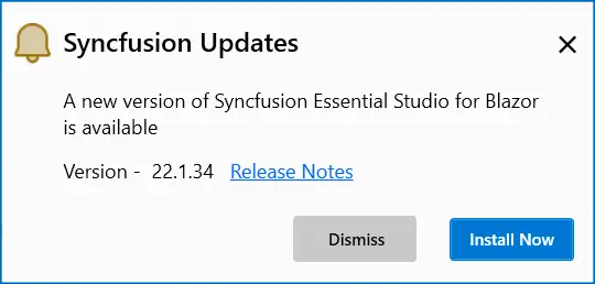 Notification announcing a newer Essential Studio build is available