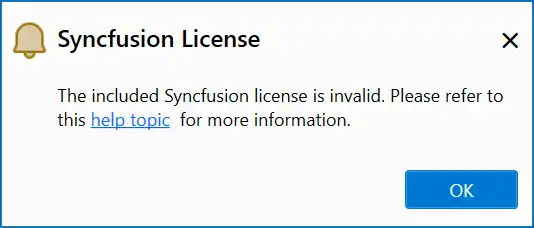 Notification indicating the provided Syncfusion license key is invalid