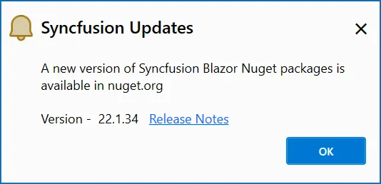 Notification indicating newer Syncfusion NuGet packages are available