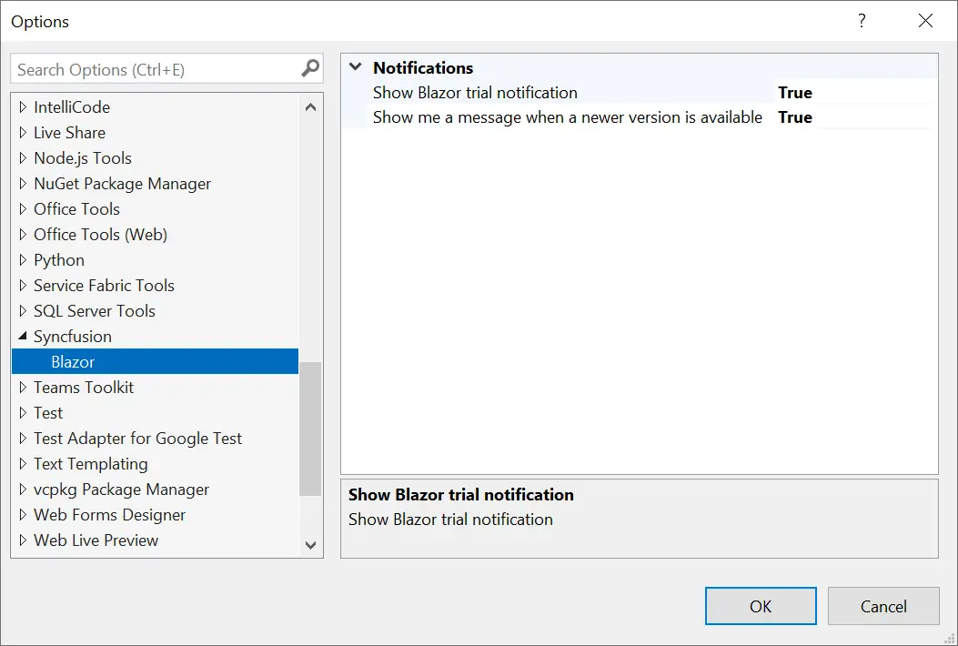 Visual Studio Options page for Syncfusion Blazor notifications