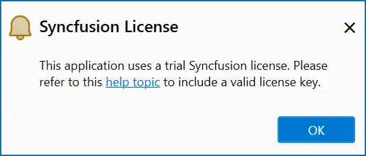 In-app banner indicating the application uses a trial Syncfusion license