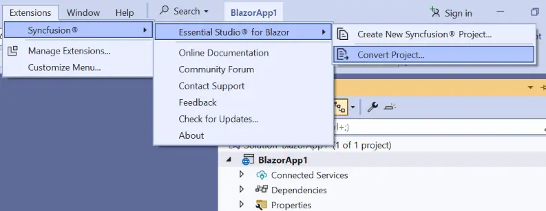 Open Convert Project from the Extensions menu in Visual Studio