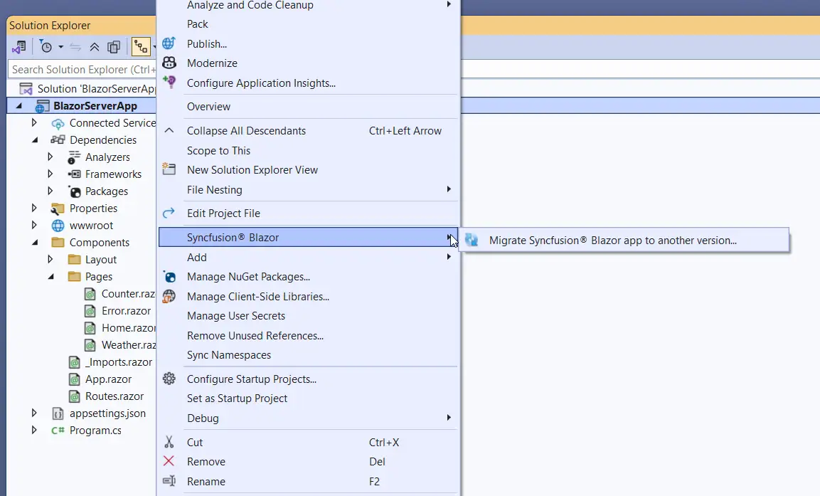 Open the Migrate Project wizard from the Solution Explorer context menu