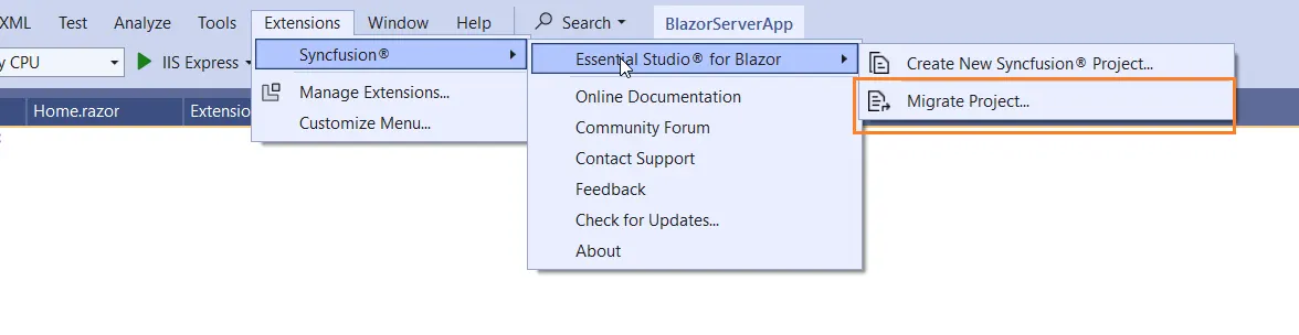 Open the Migrate Project wizard from the Extensions menu in Visual Studio