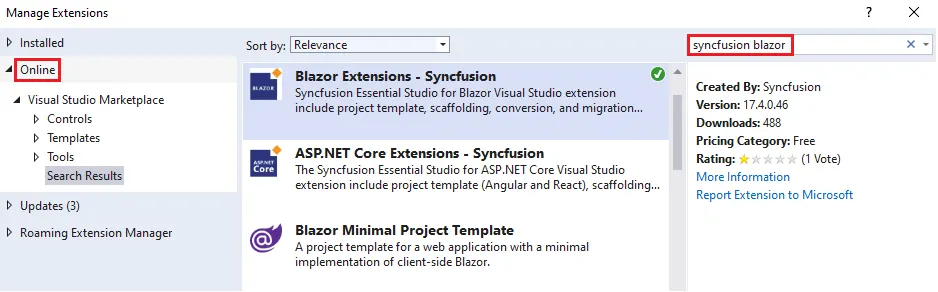 Manage Extensions window showing Syncfusion Blazor search results