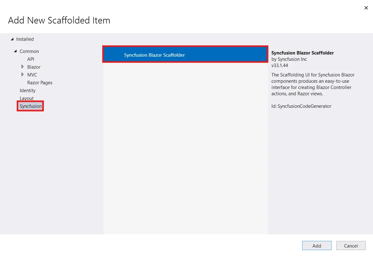 Choose Syncfusion Scaffolding from Visual Studio Add scaffold dialog