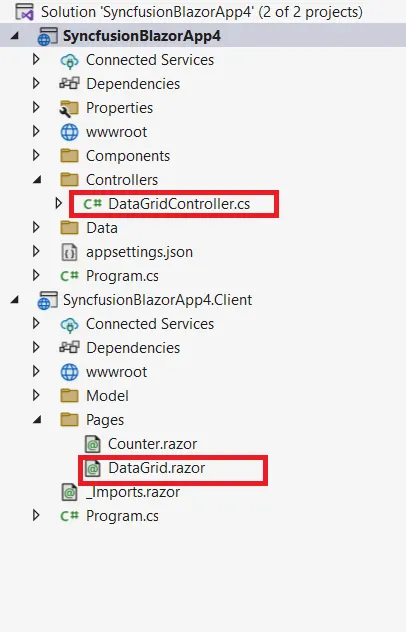 Required Controller and Razor files added in the project for the selected control