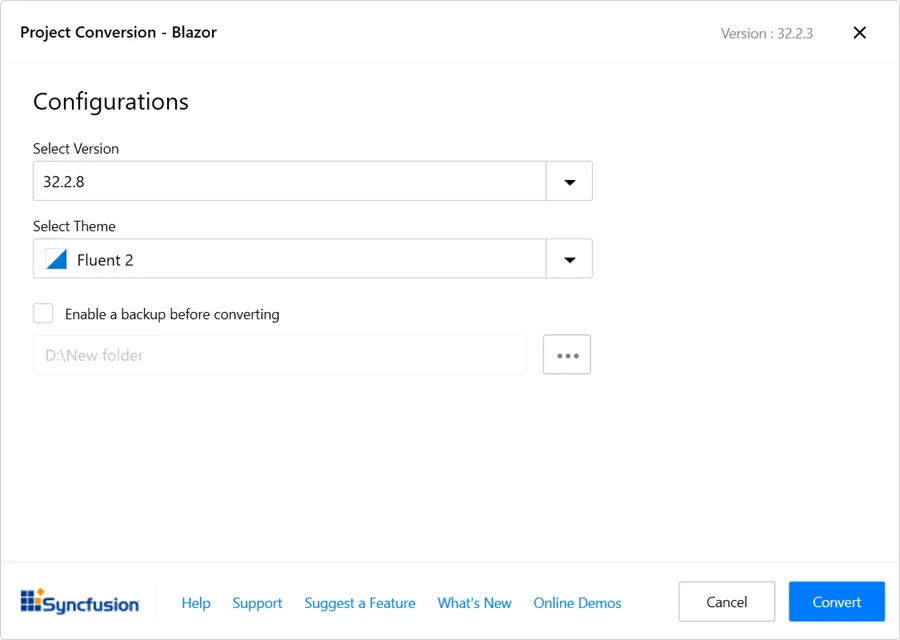 Syncfusion Blazor Project Conversion wizard with version and theme selection