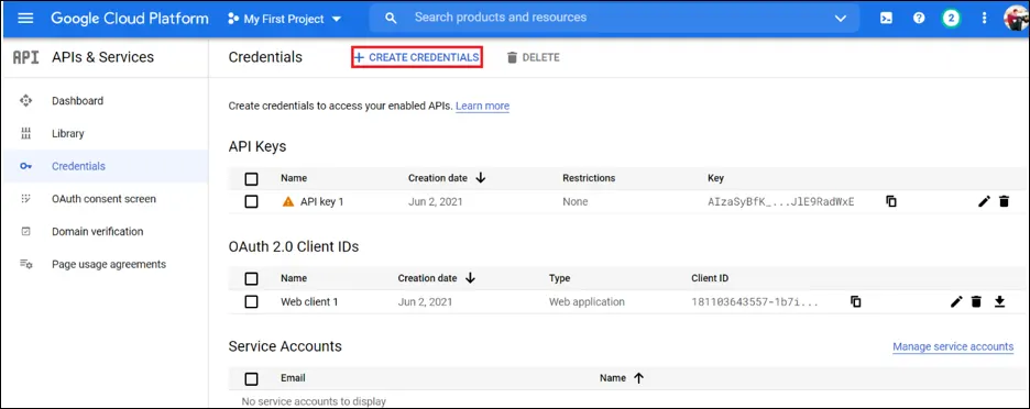 Google API console credentials page