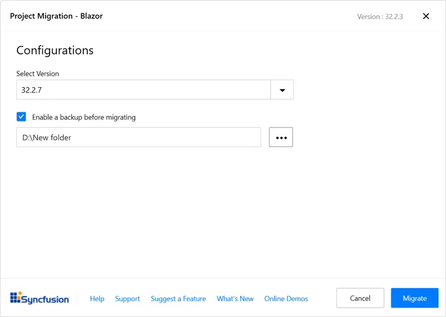 Syncfusion Blazor Project Migration wizard with version selection
