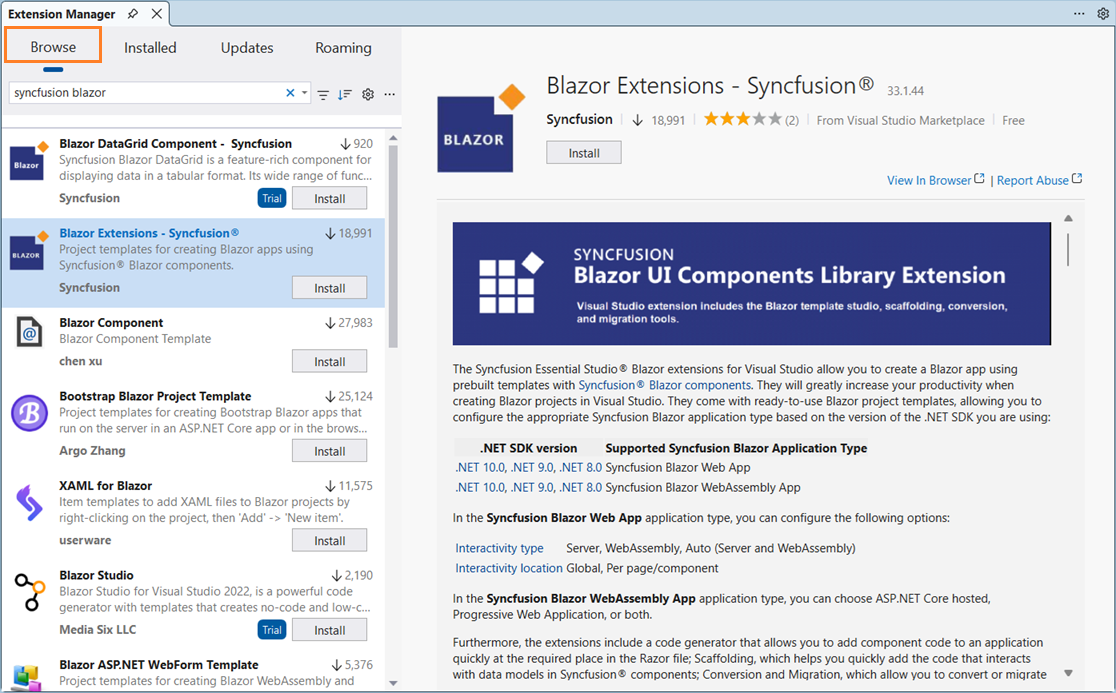 Manage Extensions window showing Syncfusion Blazor search results